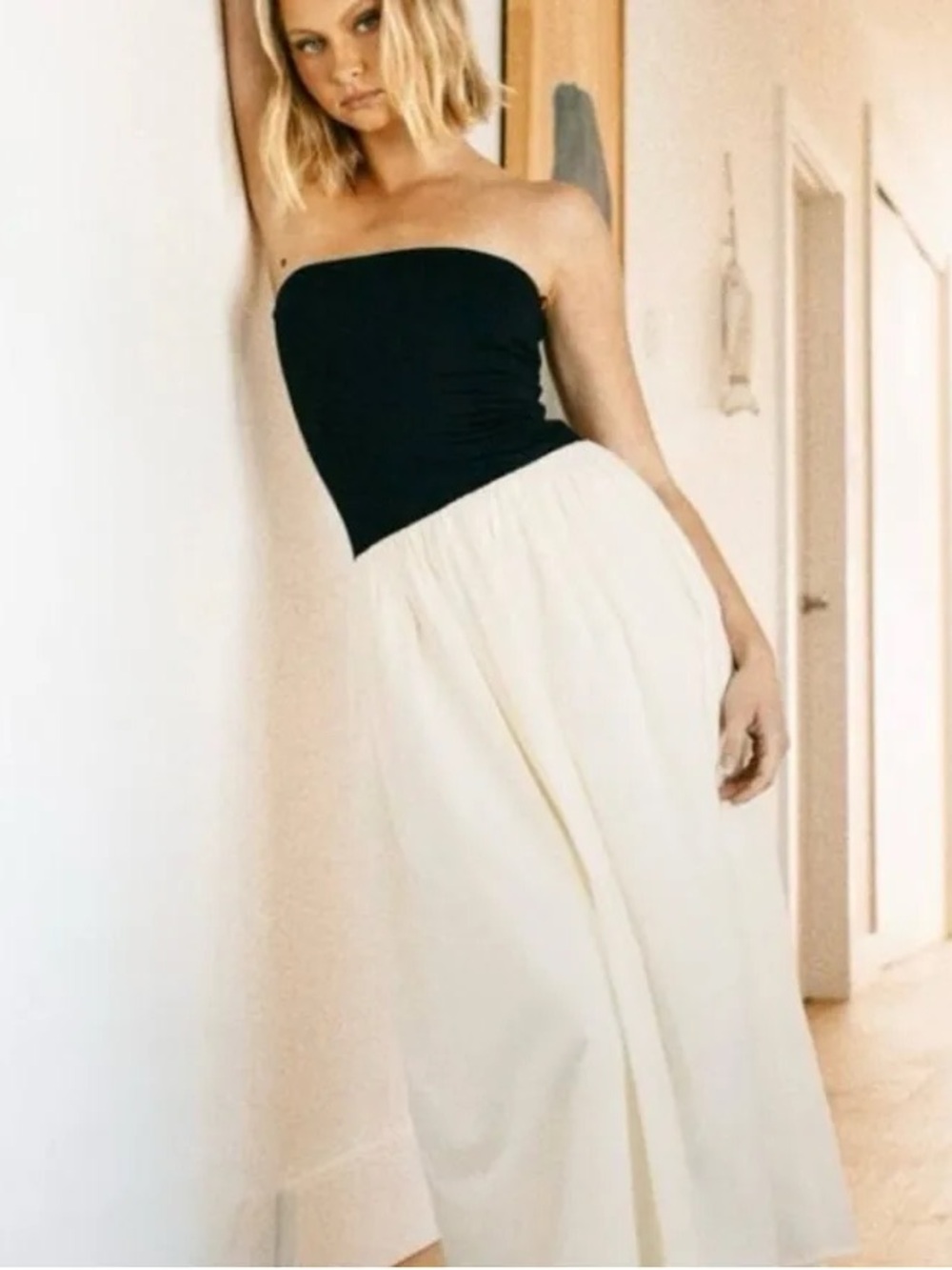 Old money neutral Strapless Black and White Dress Anthropologie Paper Heart XL